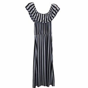 Resort Maxi Romper with Shorts  Jr Women Large Open Front Striped Off Shoulder